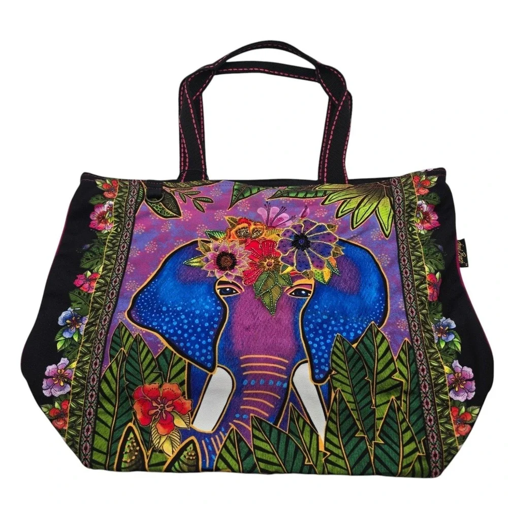 Laurel Burch Sun'N'Sand Alijah Elephant Large Tote 19x15x6 Multicolor Floral